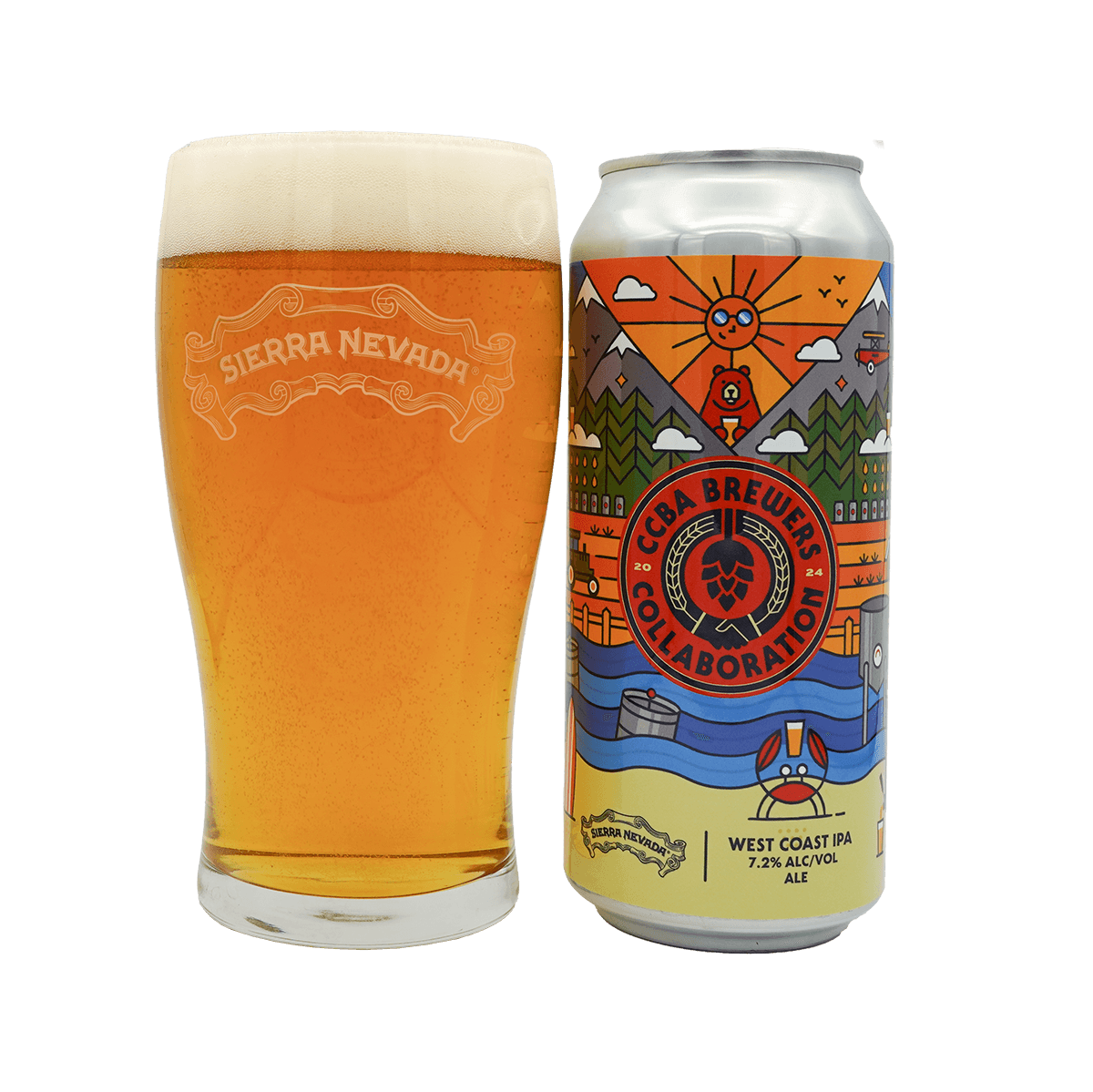 Sierra Nevada Brewing Co. CCBA Collaboration West Coast IPA - single 16oz. can sitting beside a freshly poured pint of beer in a signature pint glass