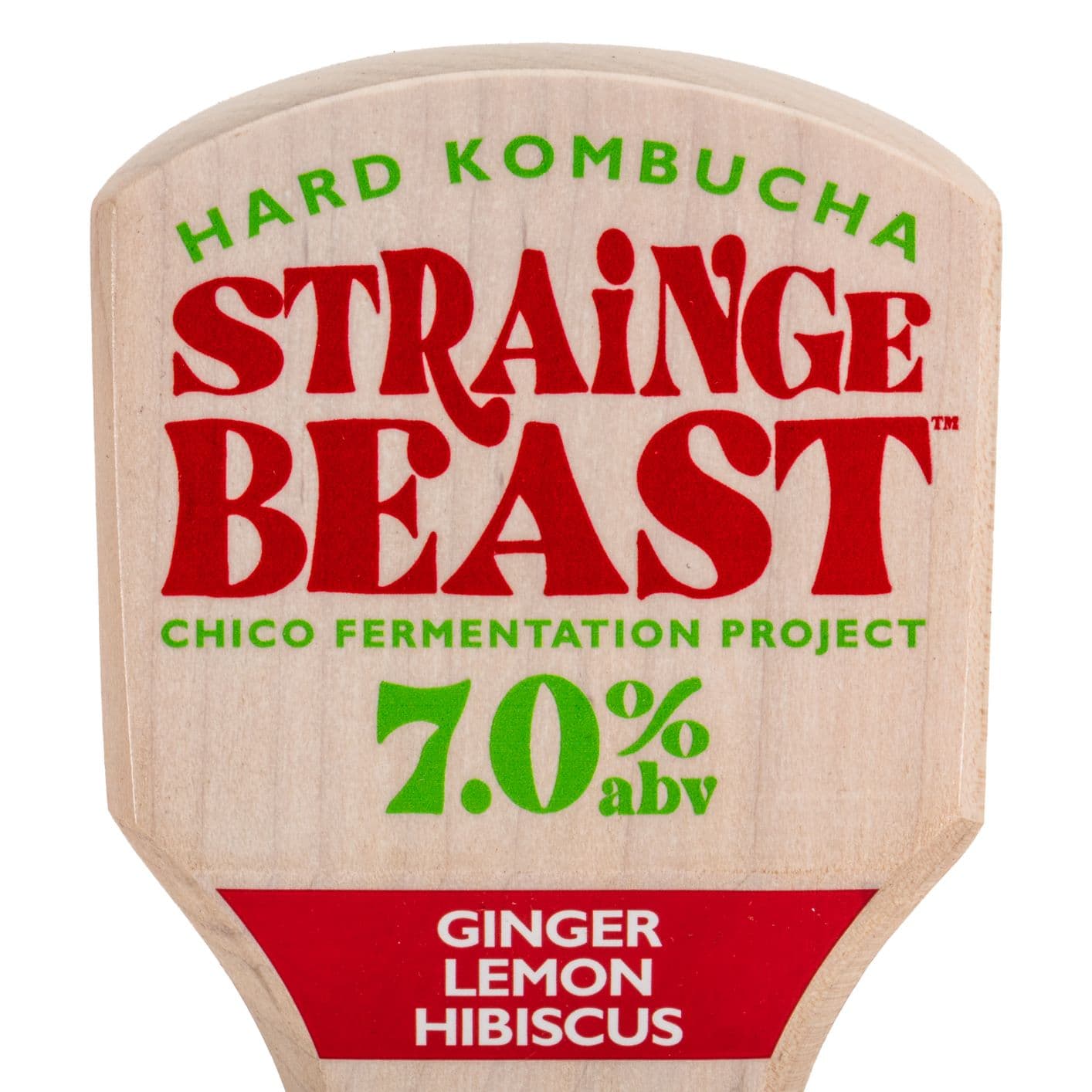 Sierra Nevada Brewing Co. Strainge Beast tap handle - close-up, straight-on view of the top of the tap handle with the Strainge Beast Hard Kombucha logo